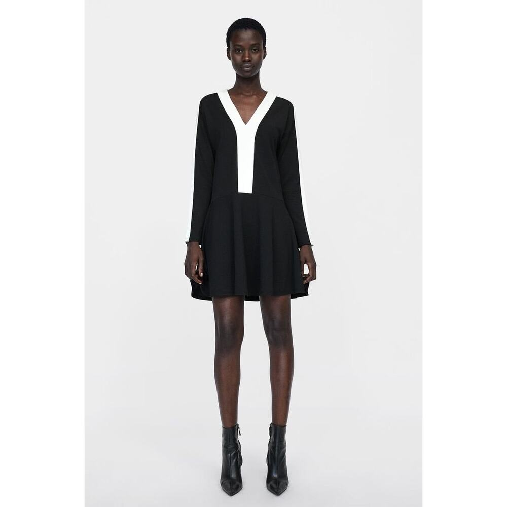 Zara Colorblock Flare Hem Long Sleeve Dress Size M Medium Black - Picture 1 of 8